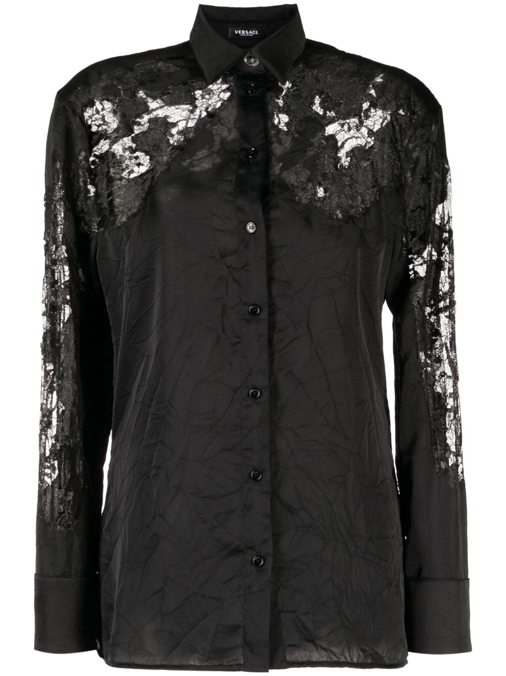 Sheer-lace crinkled satin shirt - Black