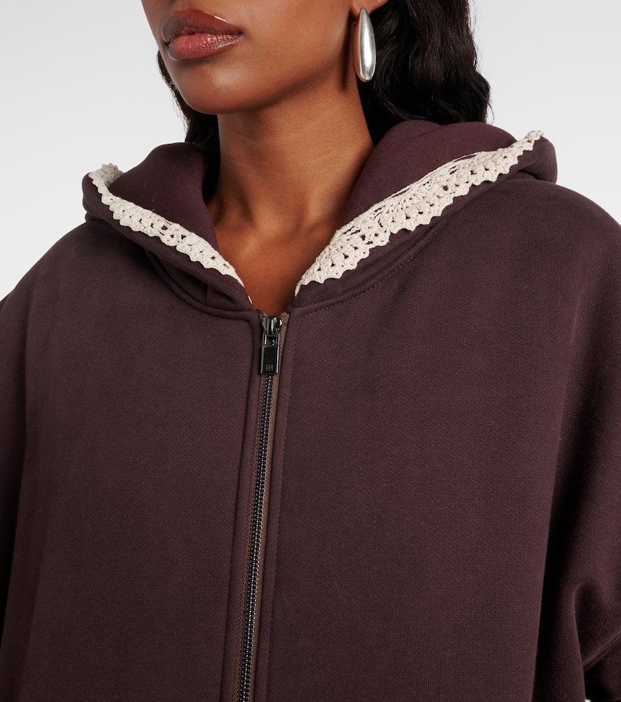 Crochet-trimmed cotton zip-up hoodie