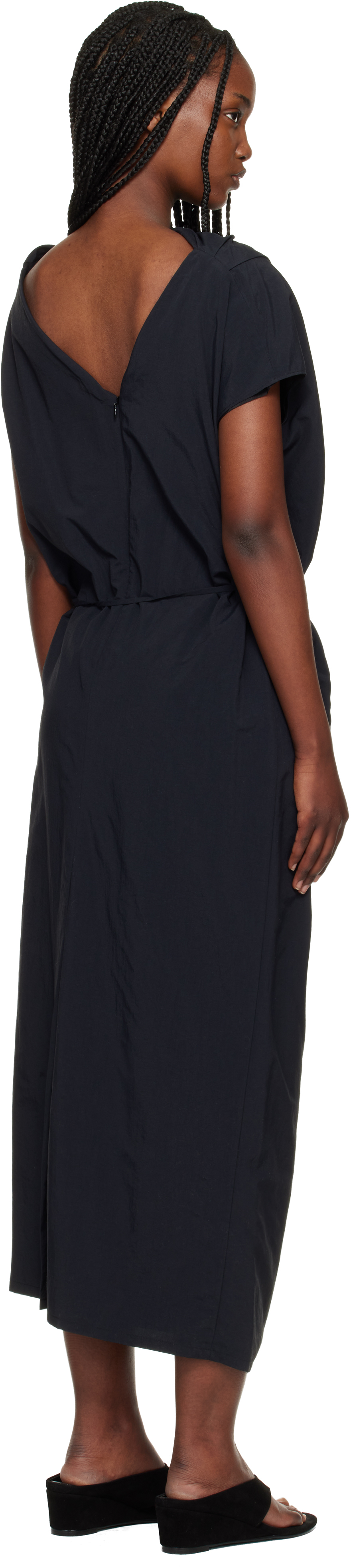 Black Asymmetrical Draped Midi Dress