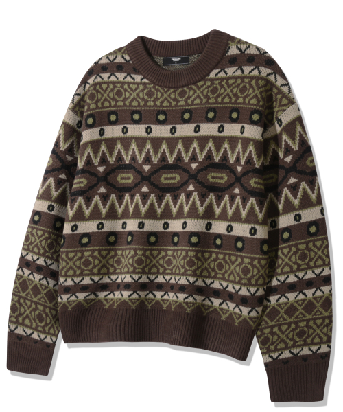 Vintage Fair Isle Jacquard Crewneck Knit_Brown