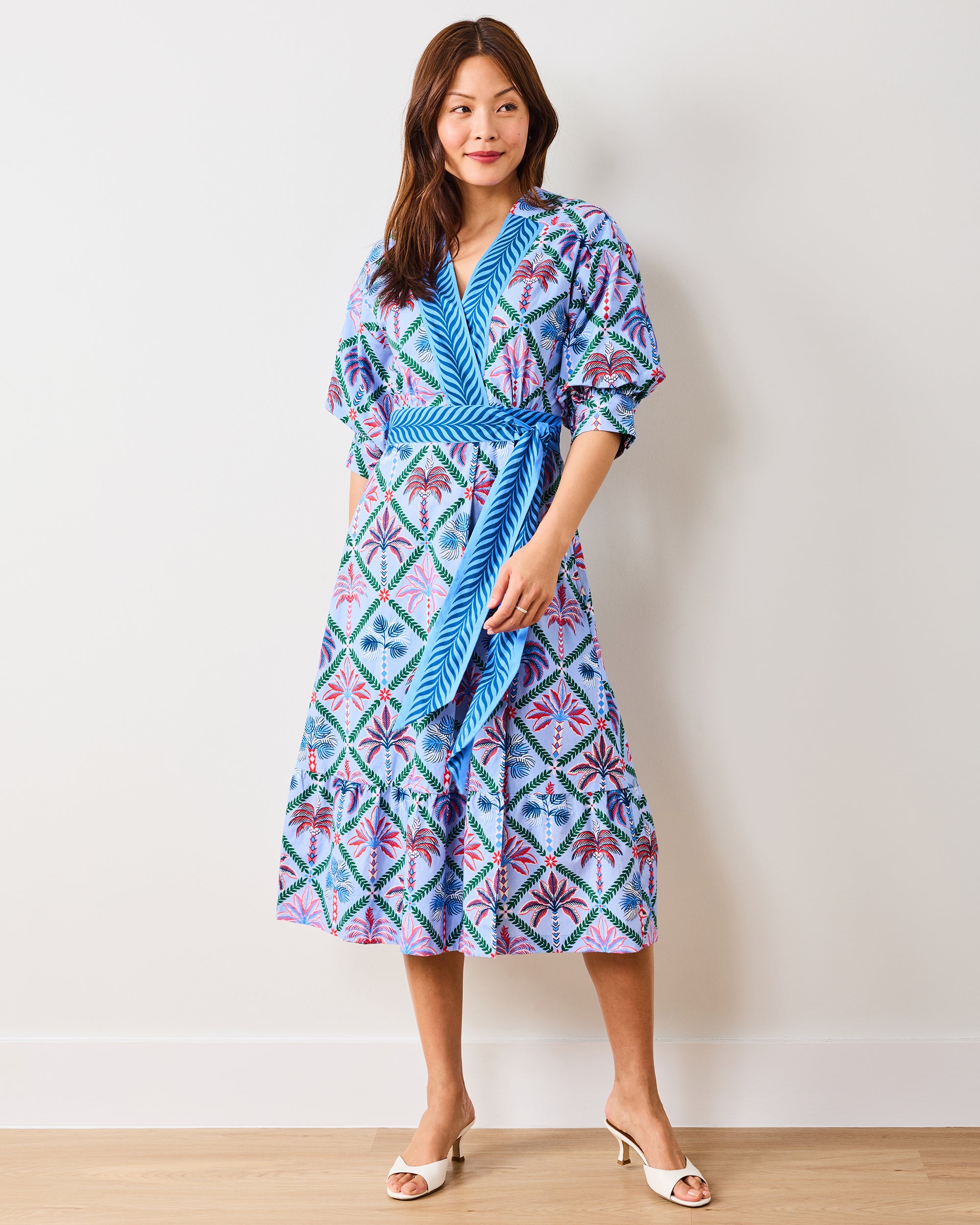 Organic Cotton Half-Sleeve Midi Wrap Dress in Palm Tree Paradise | Women's XS | Blue