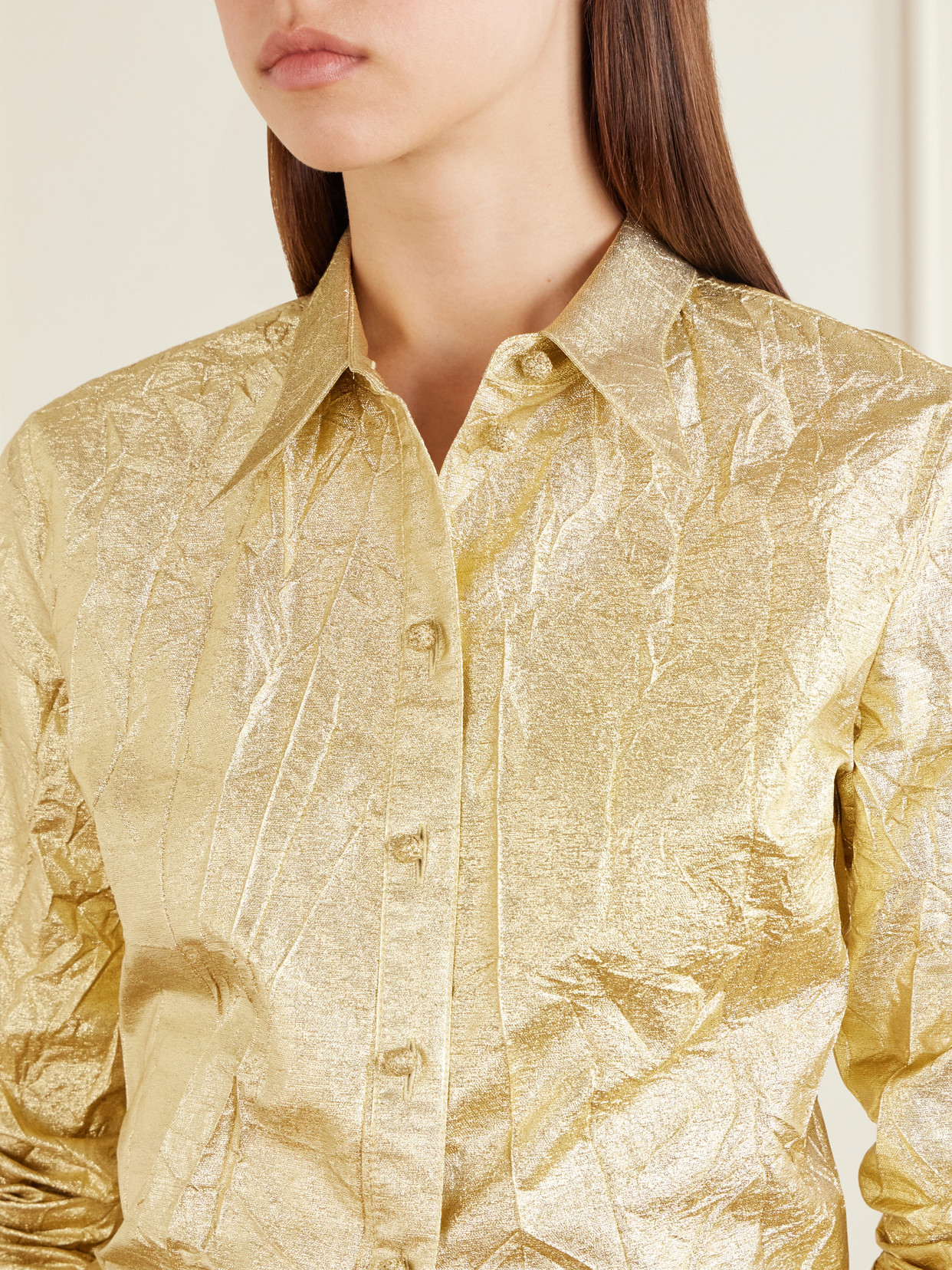 Crinkled Metallic Silk-blend Shirt - Gold