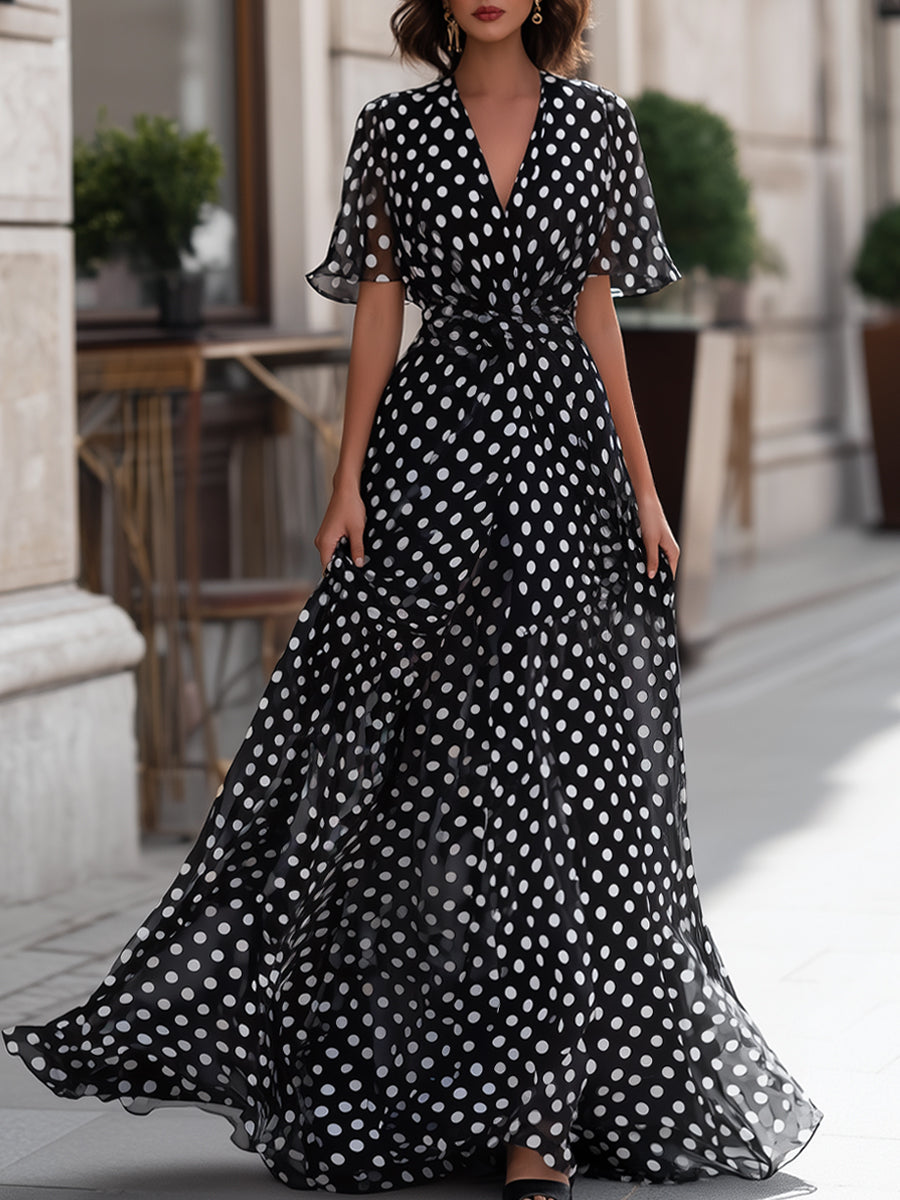 Polka Dot Chiffon V-Neck Maxi Dress - Black