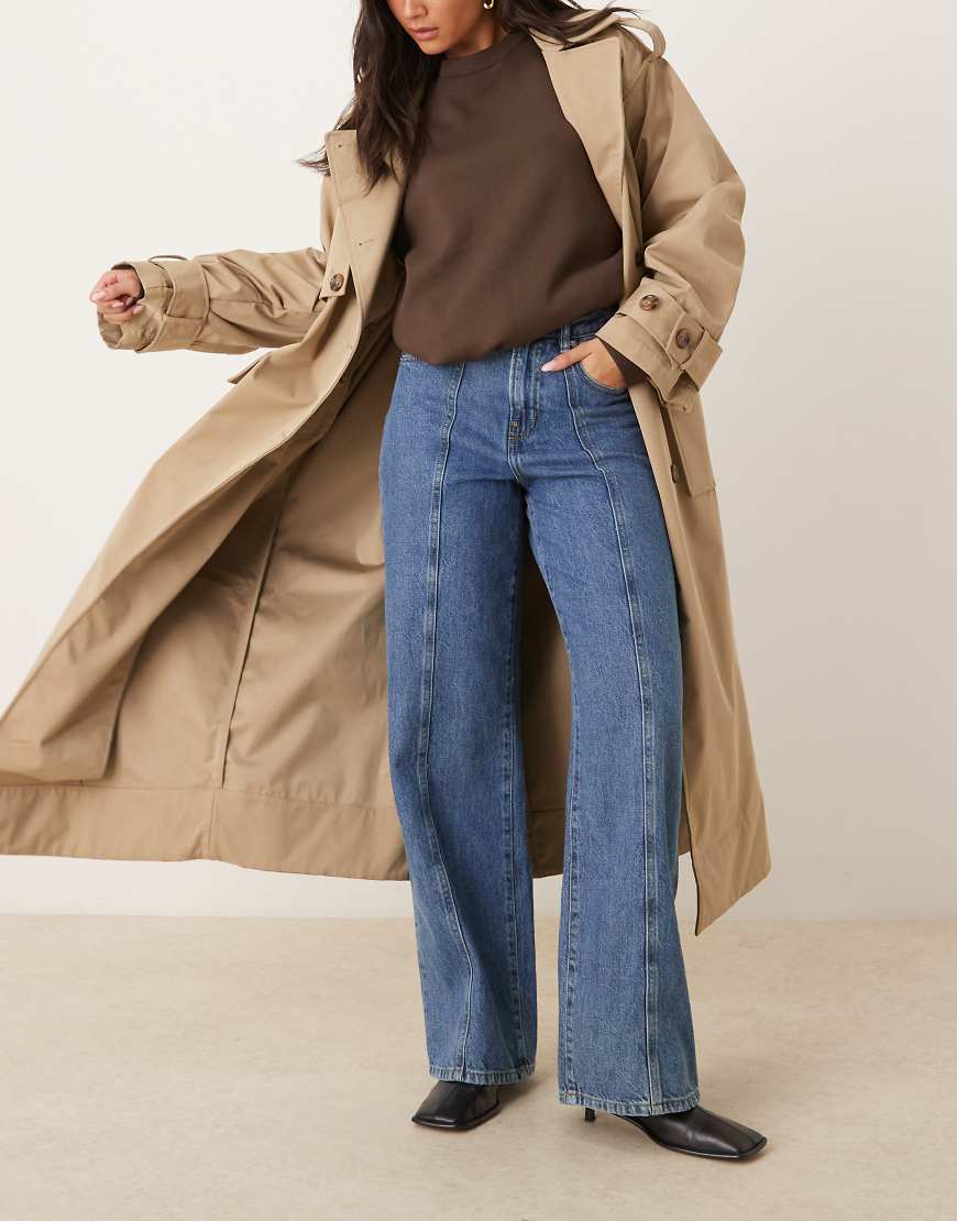 Wide leg front seam detail jeans in midwash blue