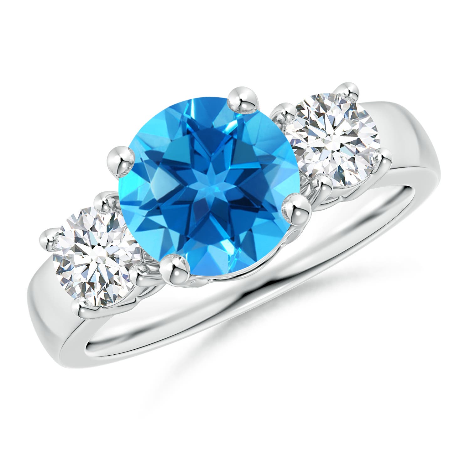 Angara 2.35 Carats Classic Round Swiss Blue Topaz and Diamond Three Stone Engagement Ring in Platinum