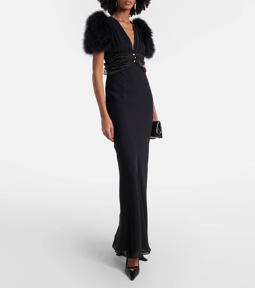 Feather-trimmed silk georgette gown