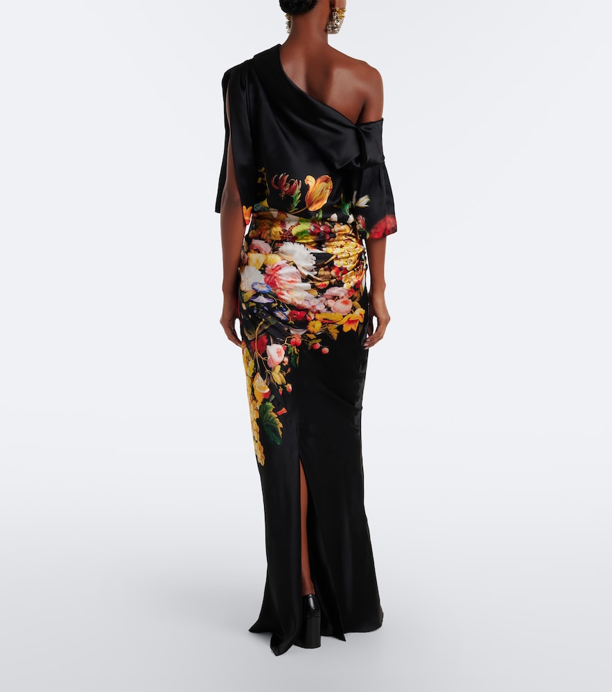 Draped printed silk satin gown