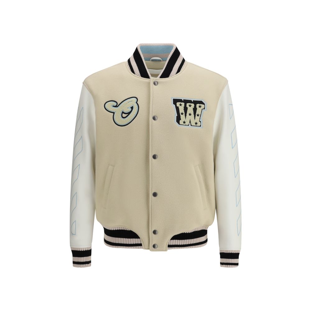 Varsity Wool-Blend Bomber Jacket — Beige