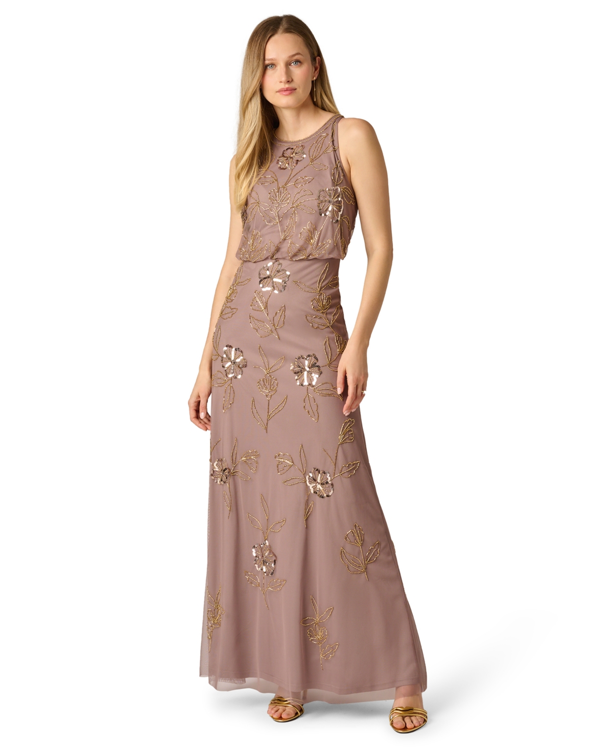 Women's Blouson Crewneck Beaded Ball Gown - Stone