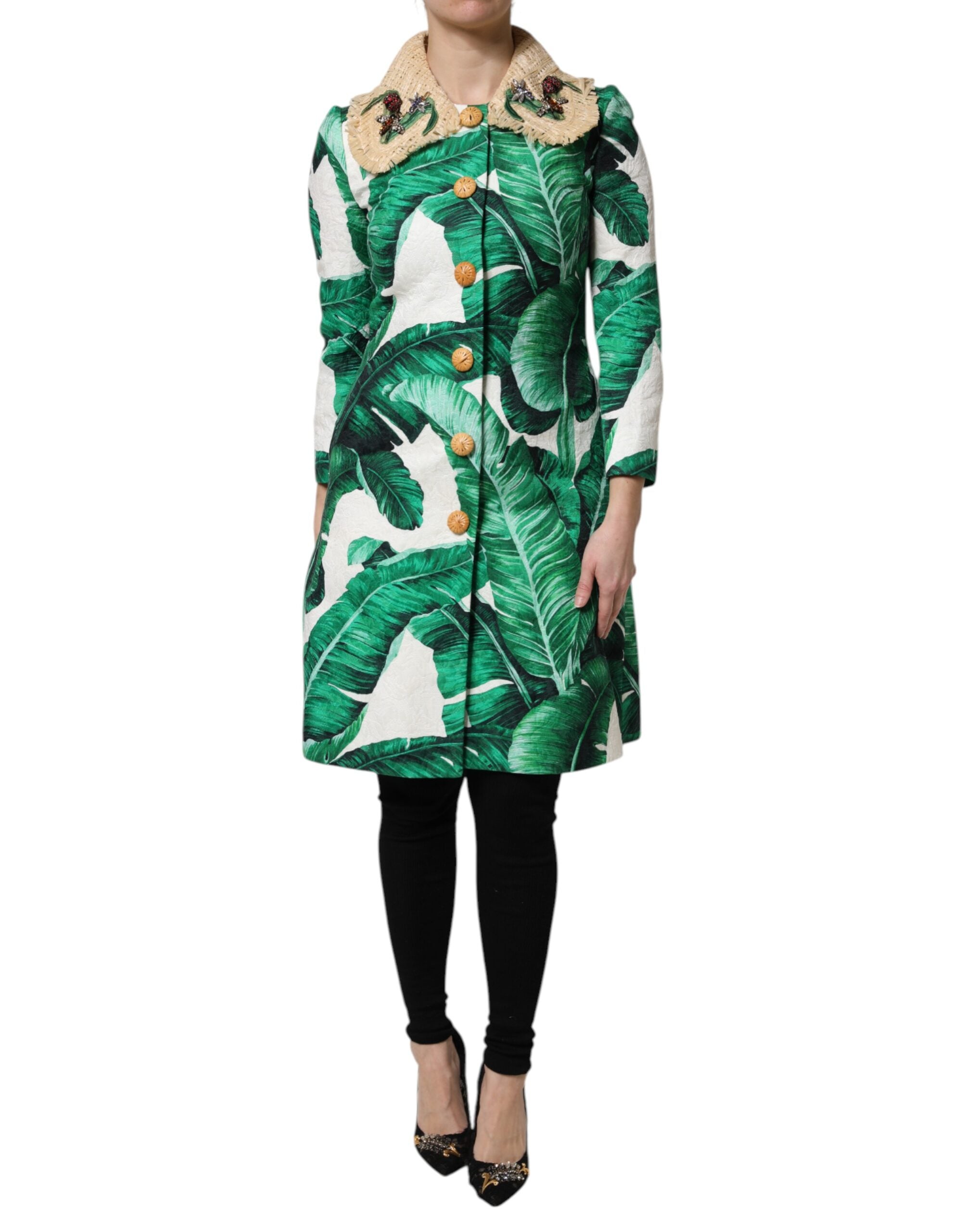 Leaf-Print Embellished Coat — Green
