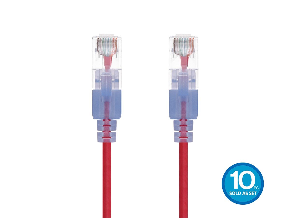 Cat6A 3ft Red 10-Pk Patch Cable, UTP, 30AWG, 10G, Pure Bare Copper, Snagless RJ45, SlimRun Series Ethernet Cable