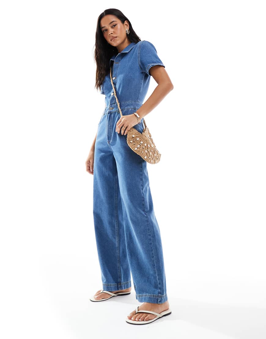 Miss Selfridge short sleeve denim jumpsuit in mid wash-Blue