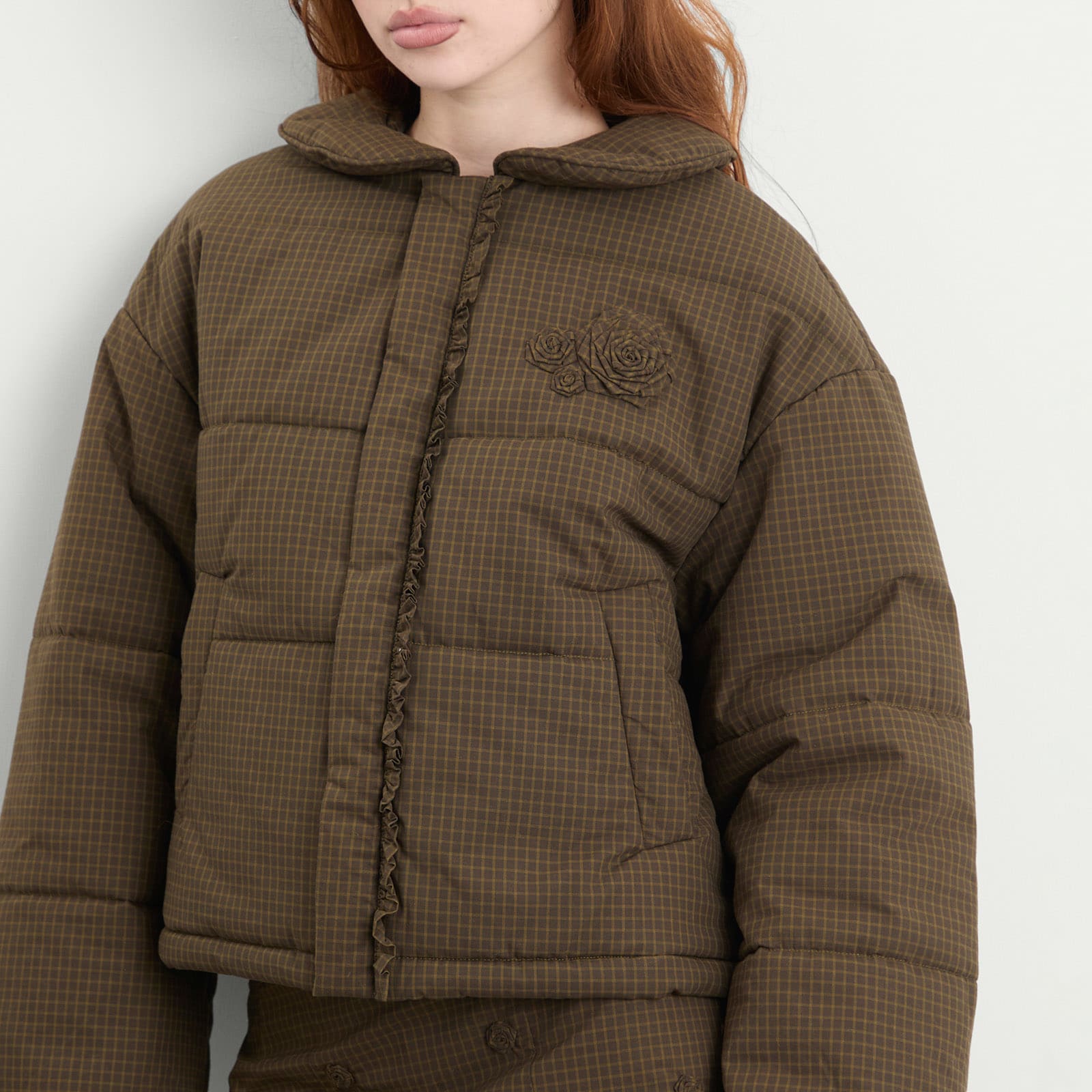 Women's Rosette Puffer Jacket in Ivy Check