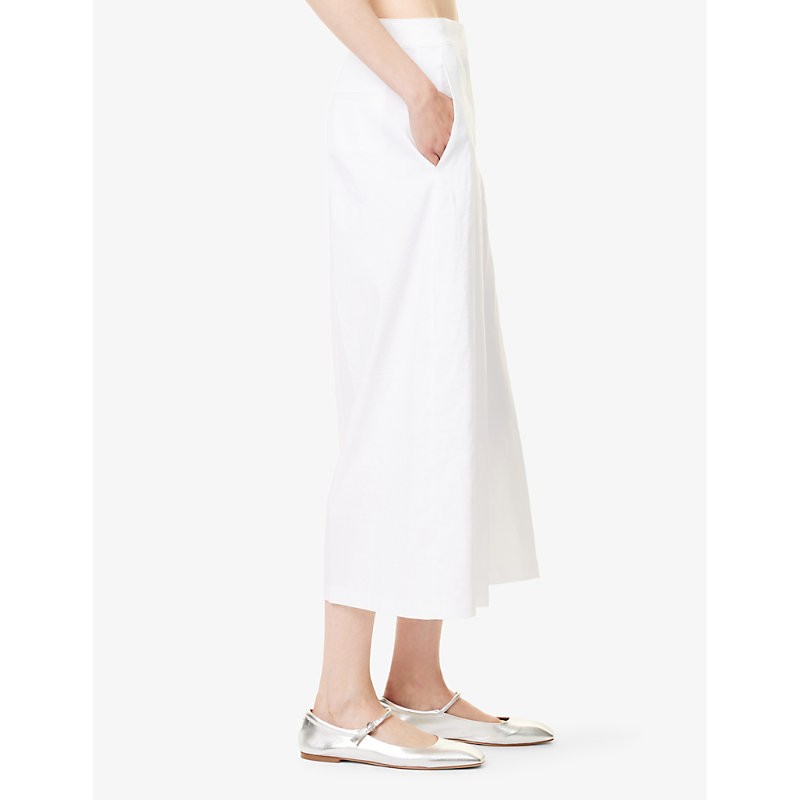 Womens White Crosshatch-weave Wide-leg Mid-rise Linen-blend Trousers