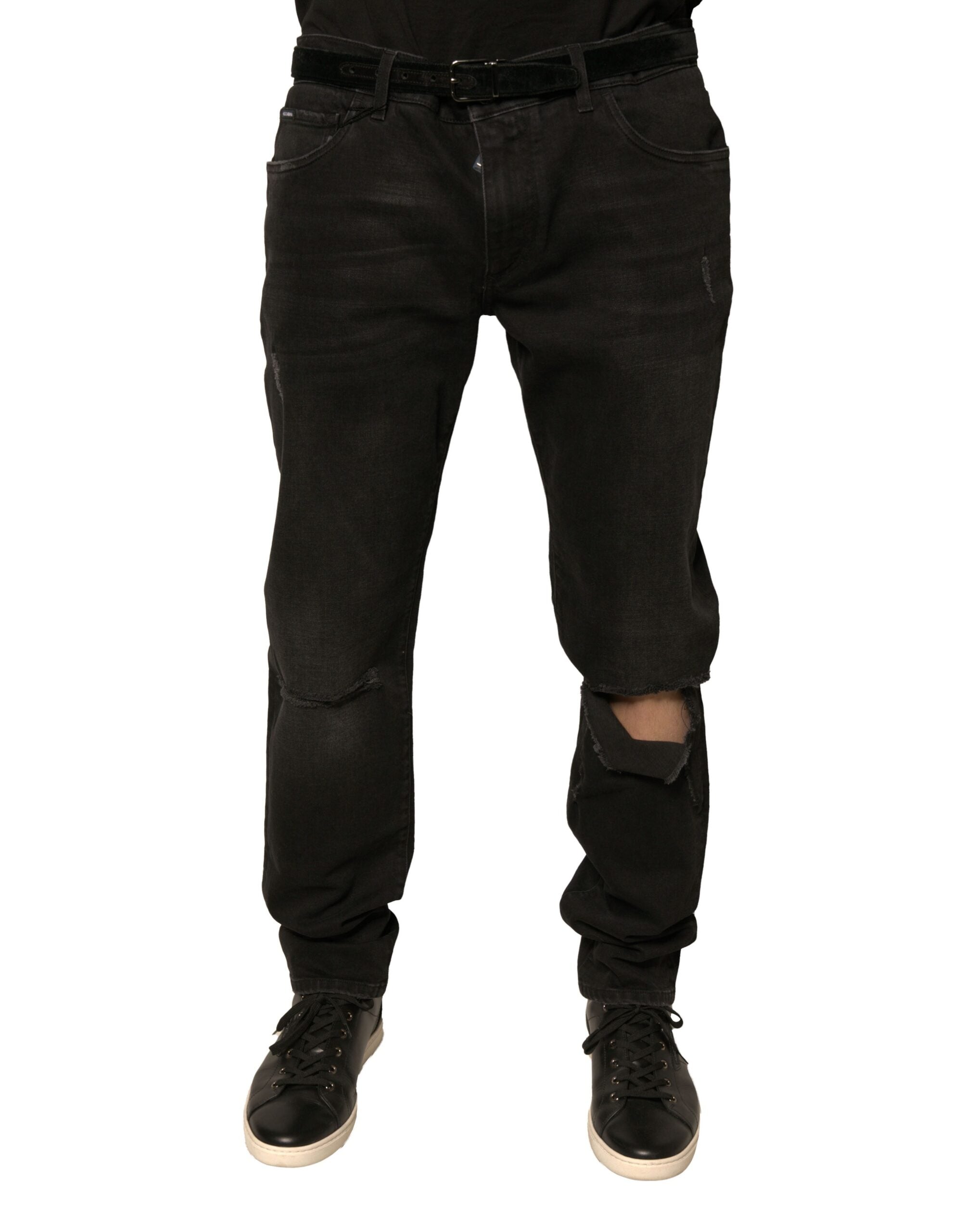 Ripped Logo Skinny Denim Jeans — Black