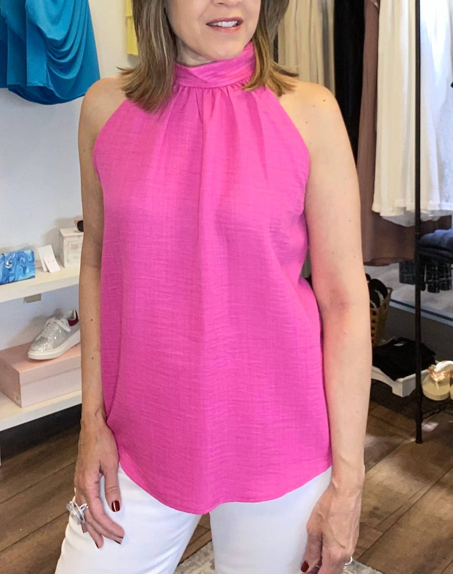 Pleated Neck Halter Top In Pink
