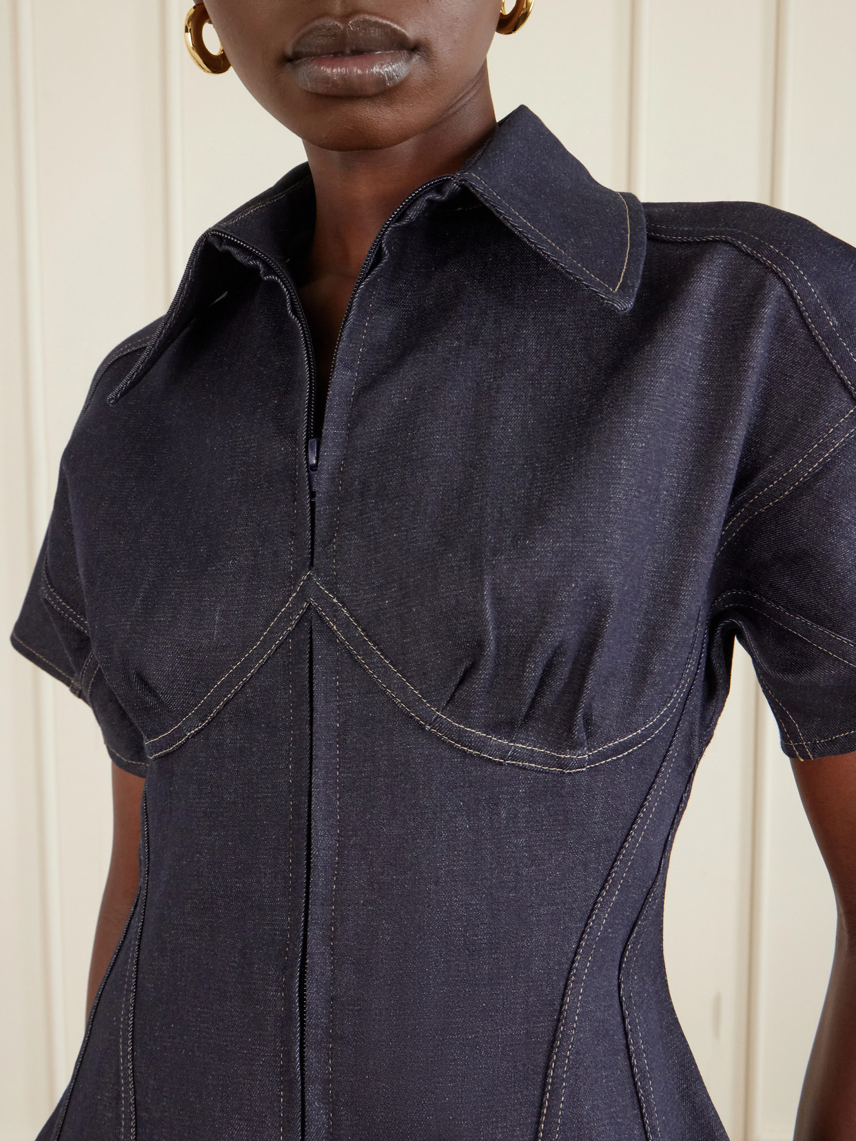Paneled Denim Blouse - Blue