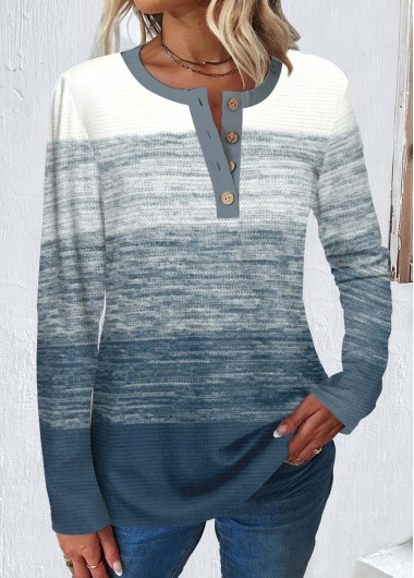Modlily Dusty Blue Button Long Sleeve Round Neck T Shirt