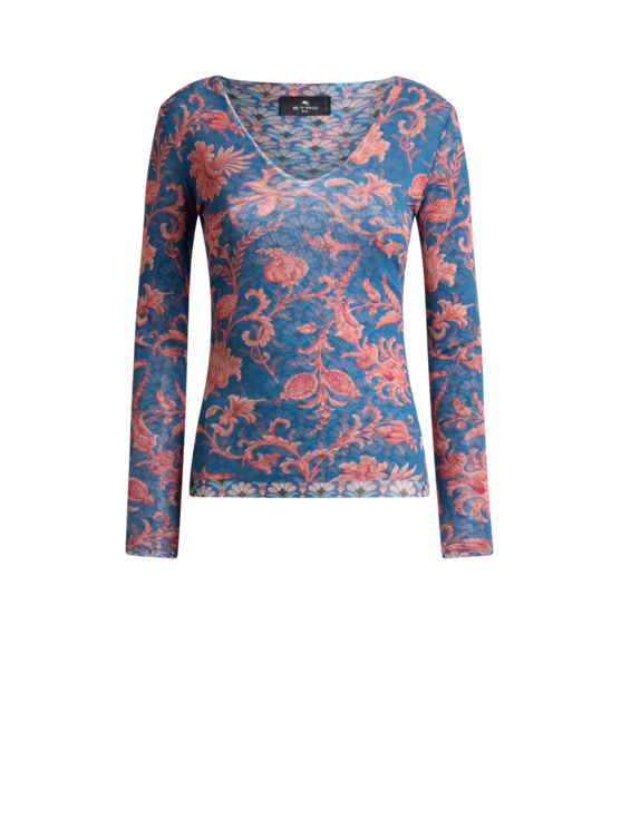 Stretch Tulle Sweater With Floral Motif