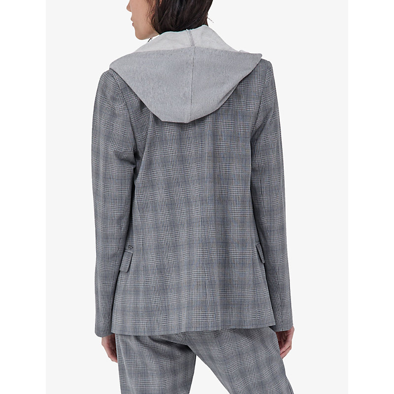 Womens Grey Check-print Hooded Stretch-woven Blazer