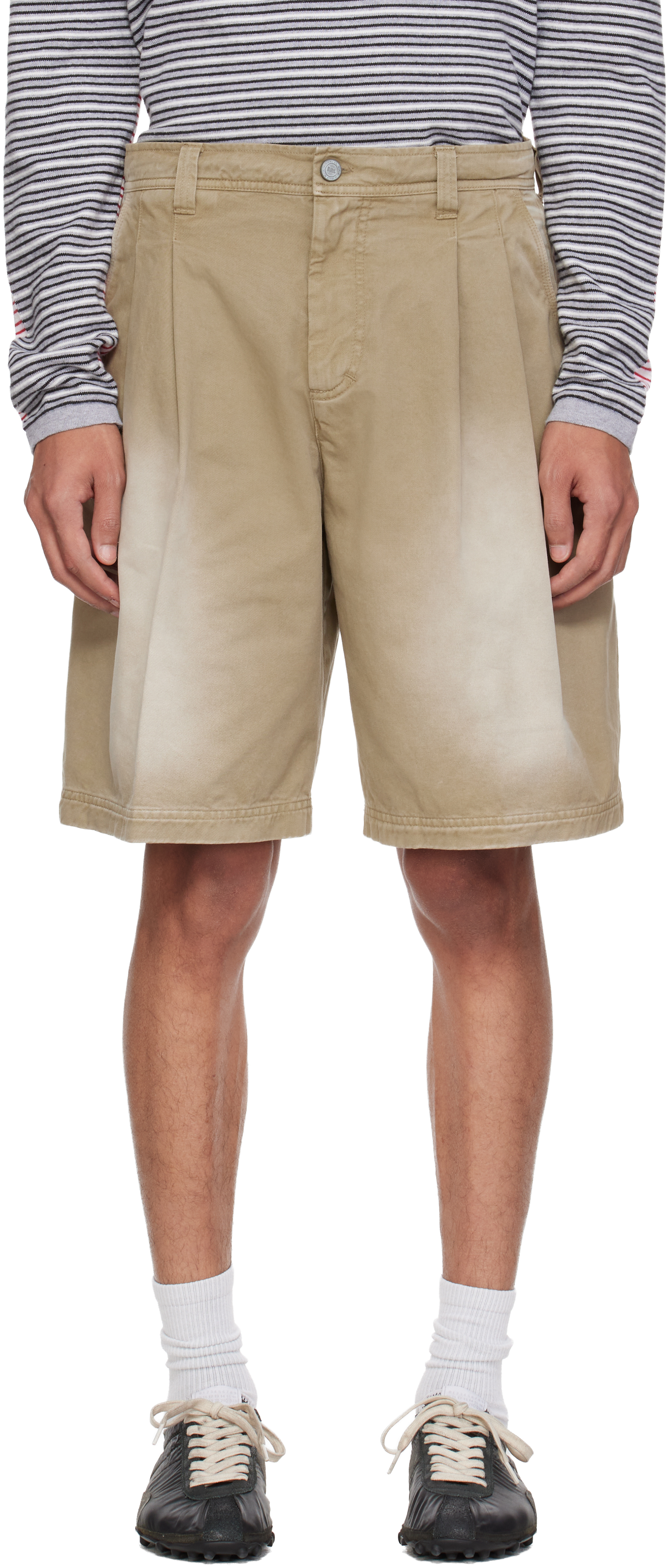 Beige Pleated Chino Woven Denim Shorts