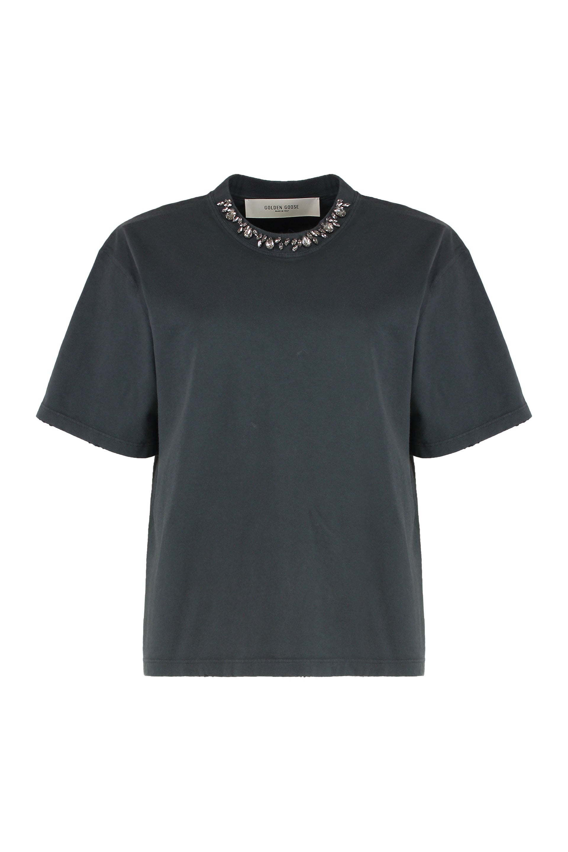 Round Neck T-Shirt with Cabochon Crystals - Women's
