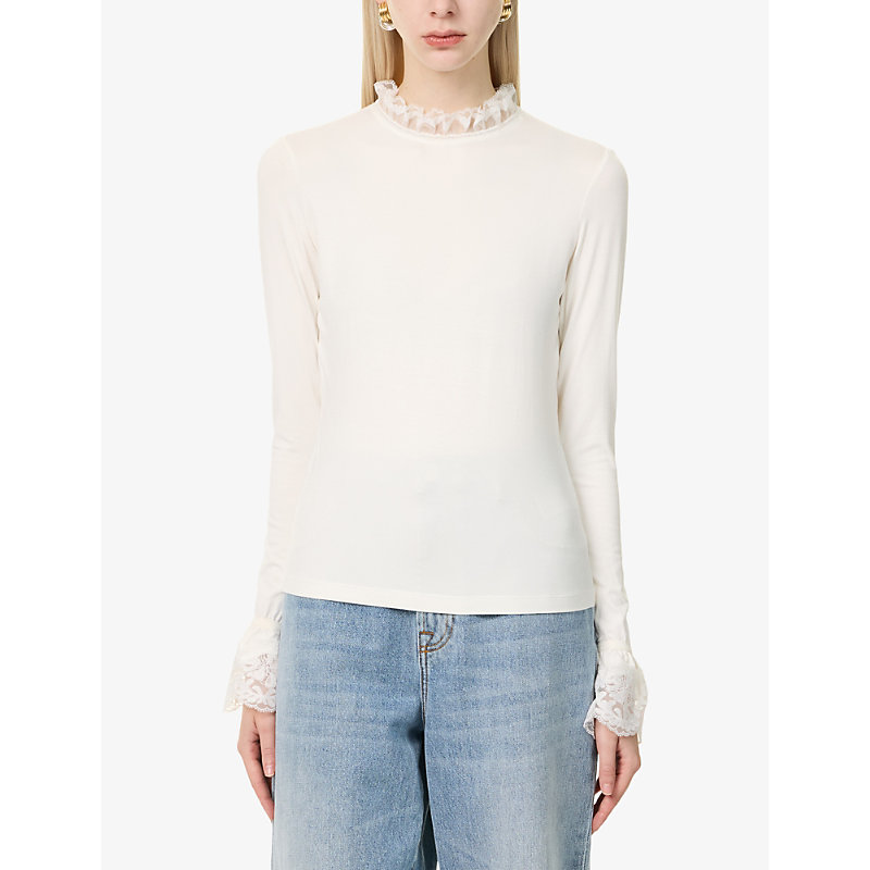 Womens Lace-Trim Stretch-Jersey Top