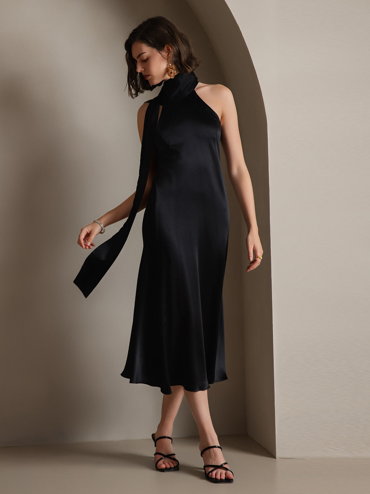 19Momme Silk Sleeveless Tie Neck Midi Dress