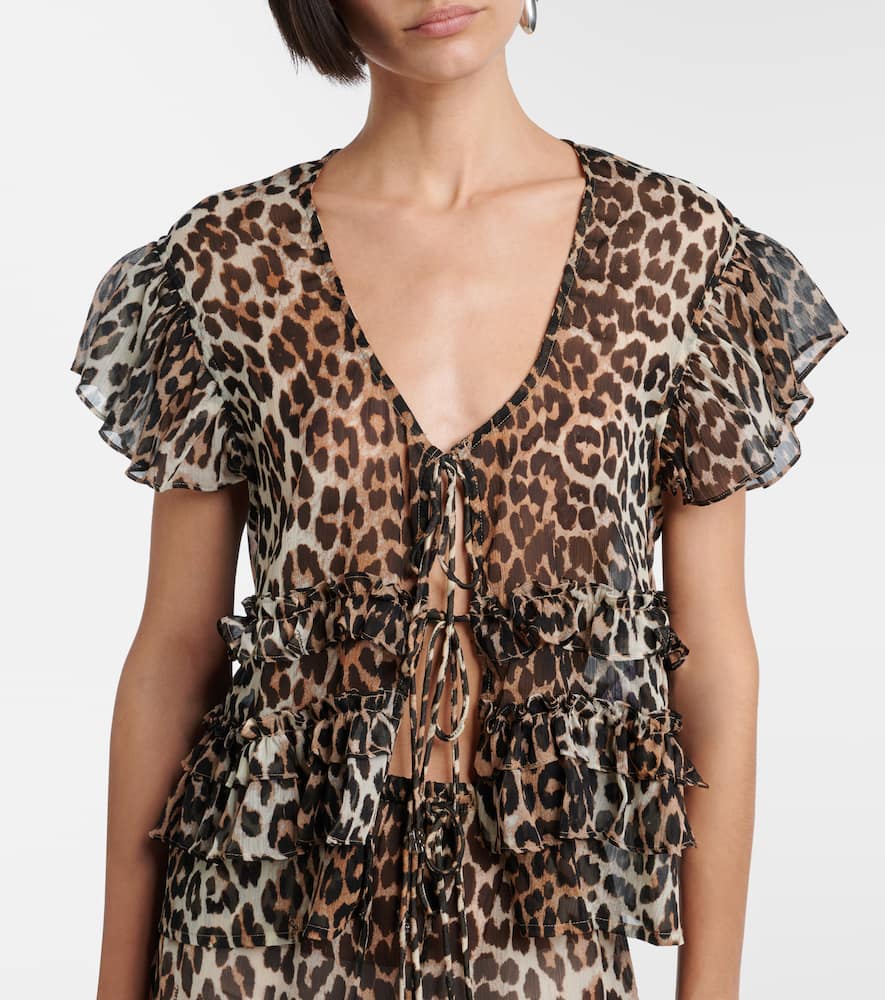 Leopard-print ruffled chiffon blouse