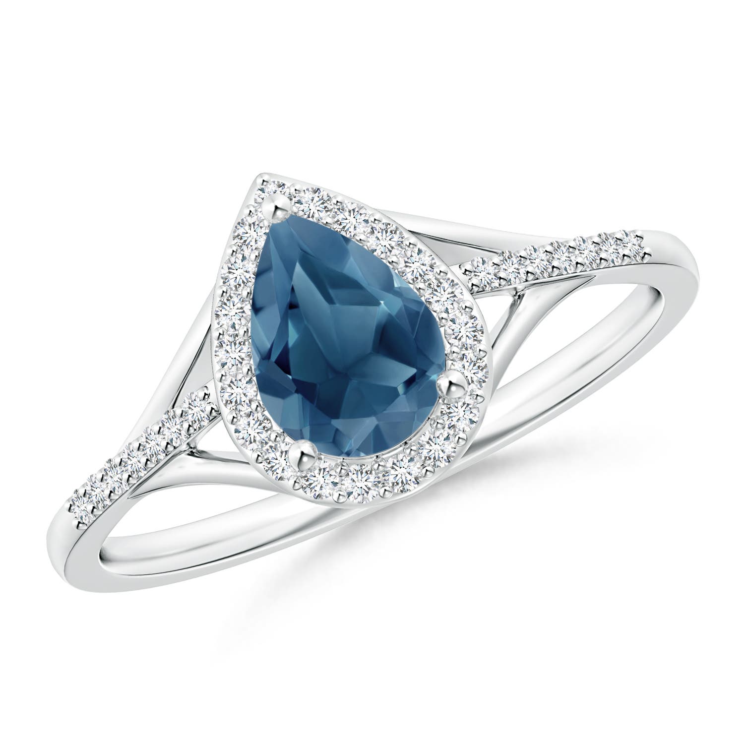 Angara 0.8 Carat Pear-Shaped London Blue Topaz Ring with Diamond Halo in Platinum