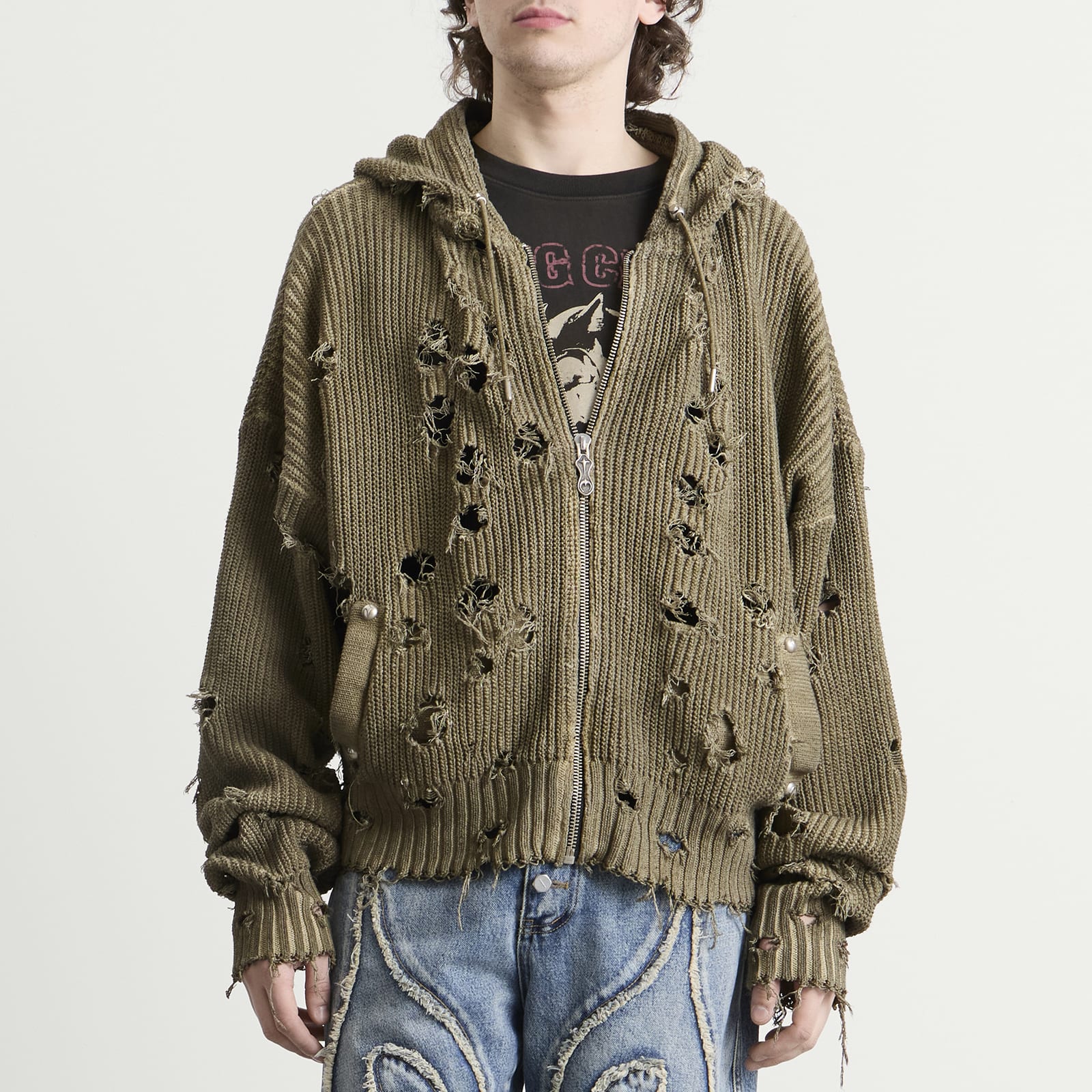 Men's Distressed Knitted Hoodie Beige