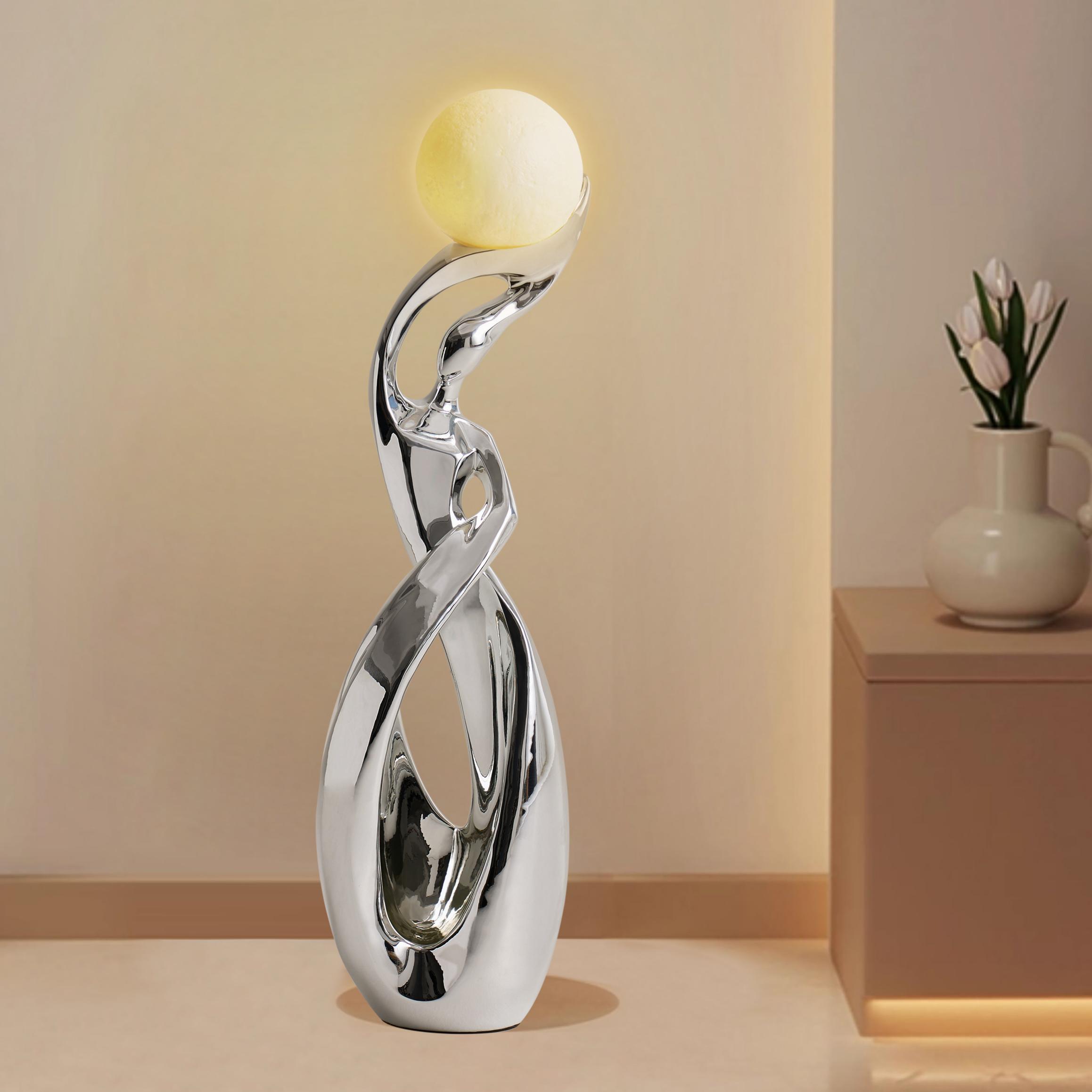 Sculpture en argent avec sphère illuminée, décoration d'art moderne pour salon