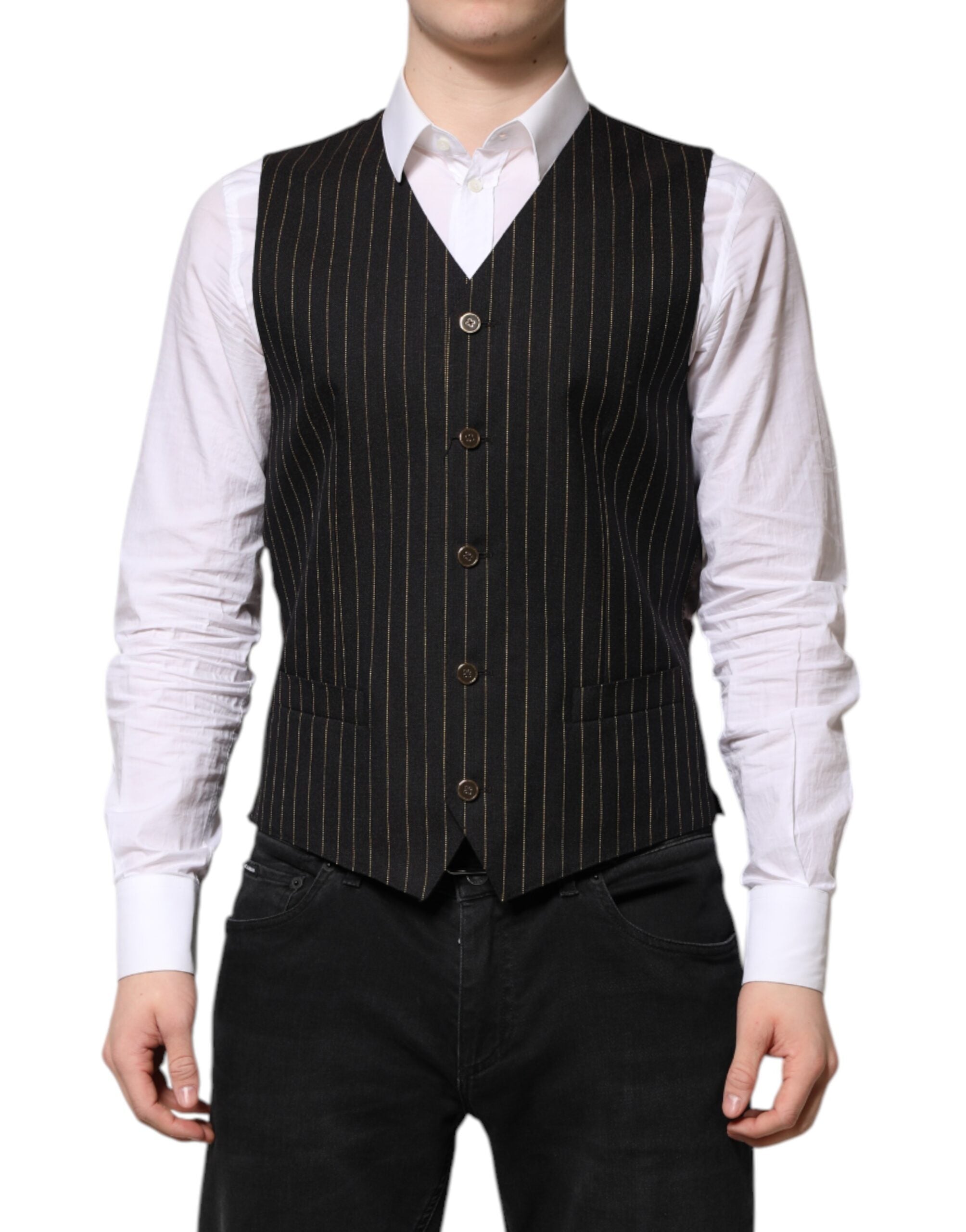 Pinstriped Virgin Wool Vest — Black