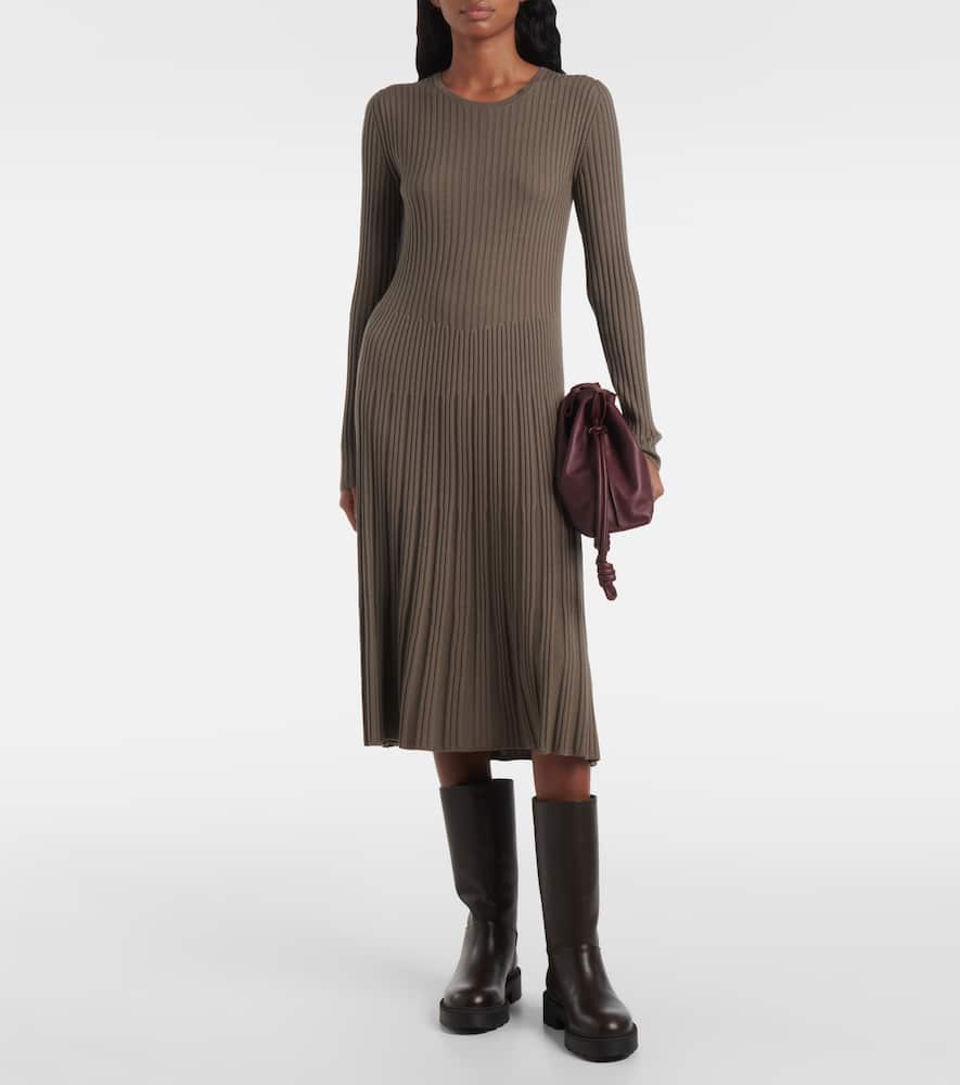 Ribbed-knit pleated wool midi dress