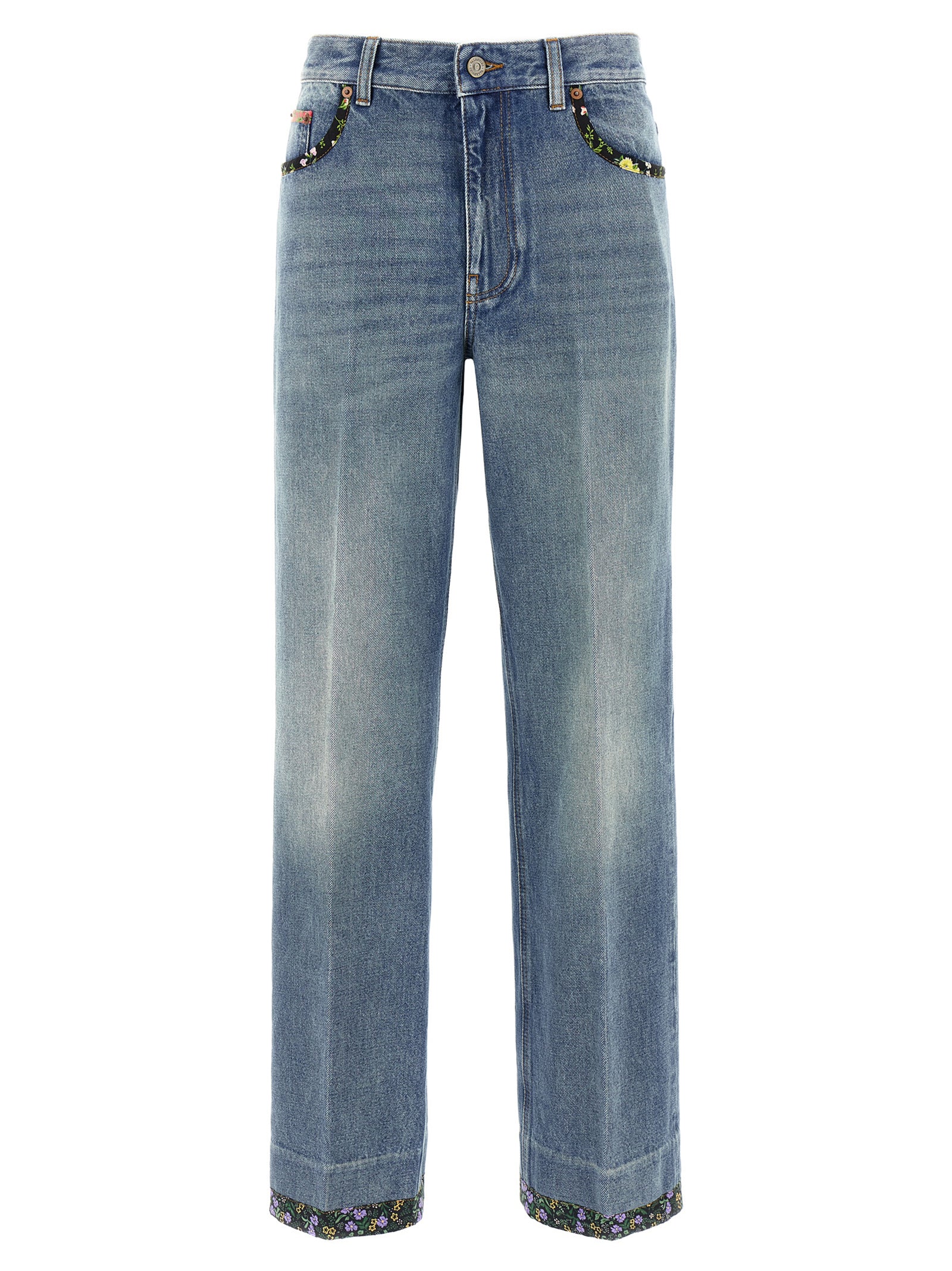Floral-Piped Cotton Jeans — Blue