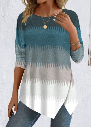 Modlily Peacock Blue Patchwork Striped Long Sleeve T Shirt