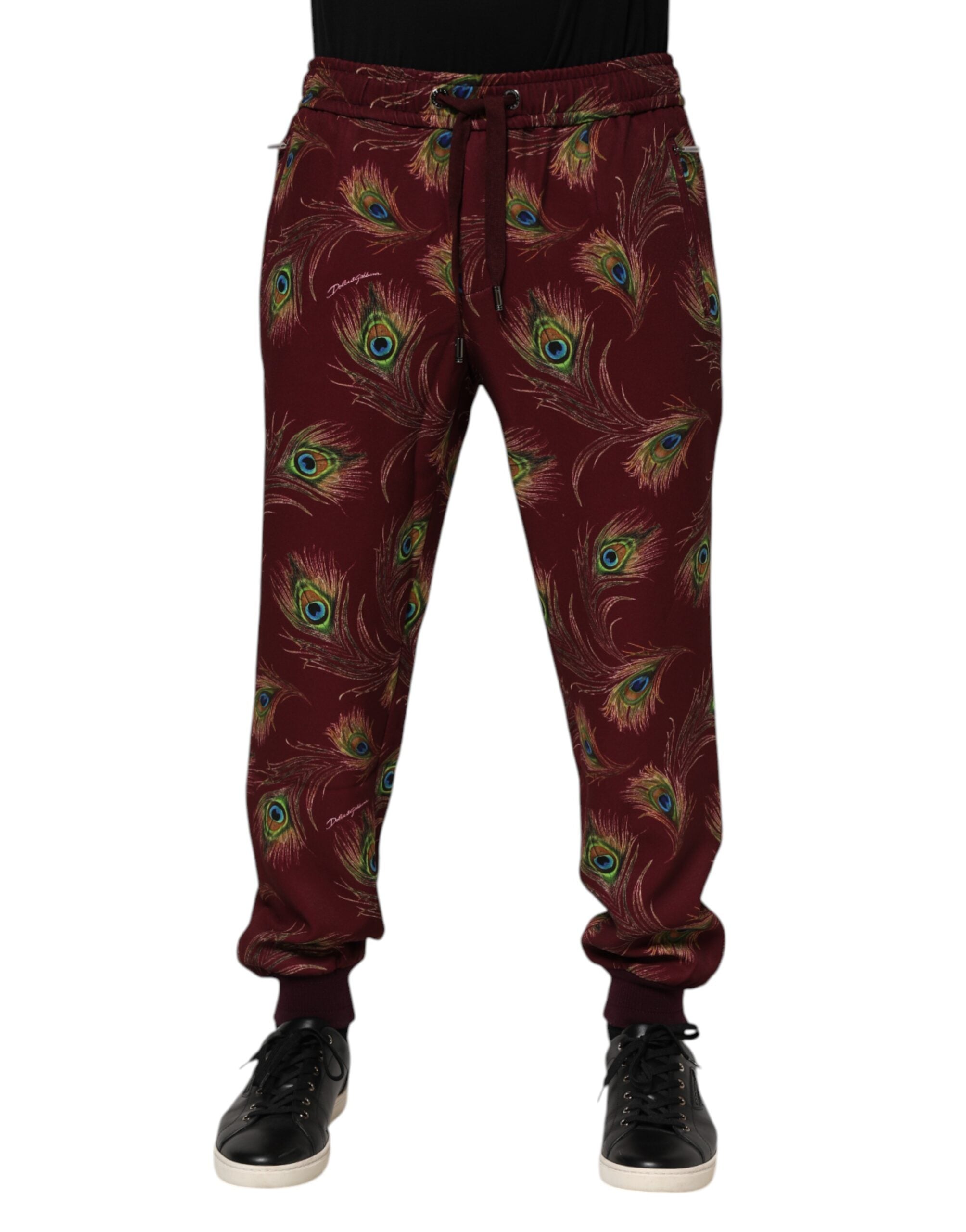 Peacock Feather Print Joggers — Burgundy