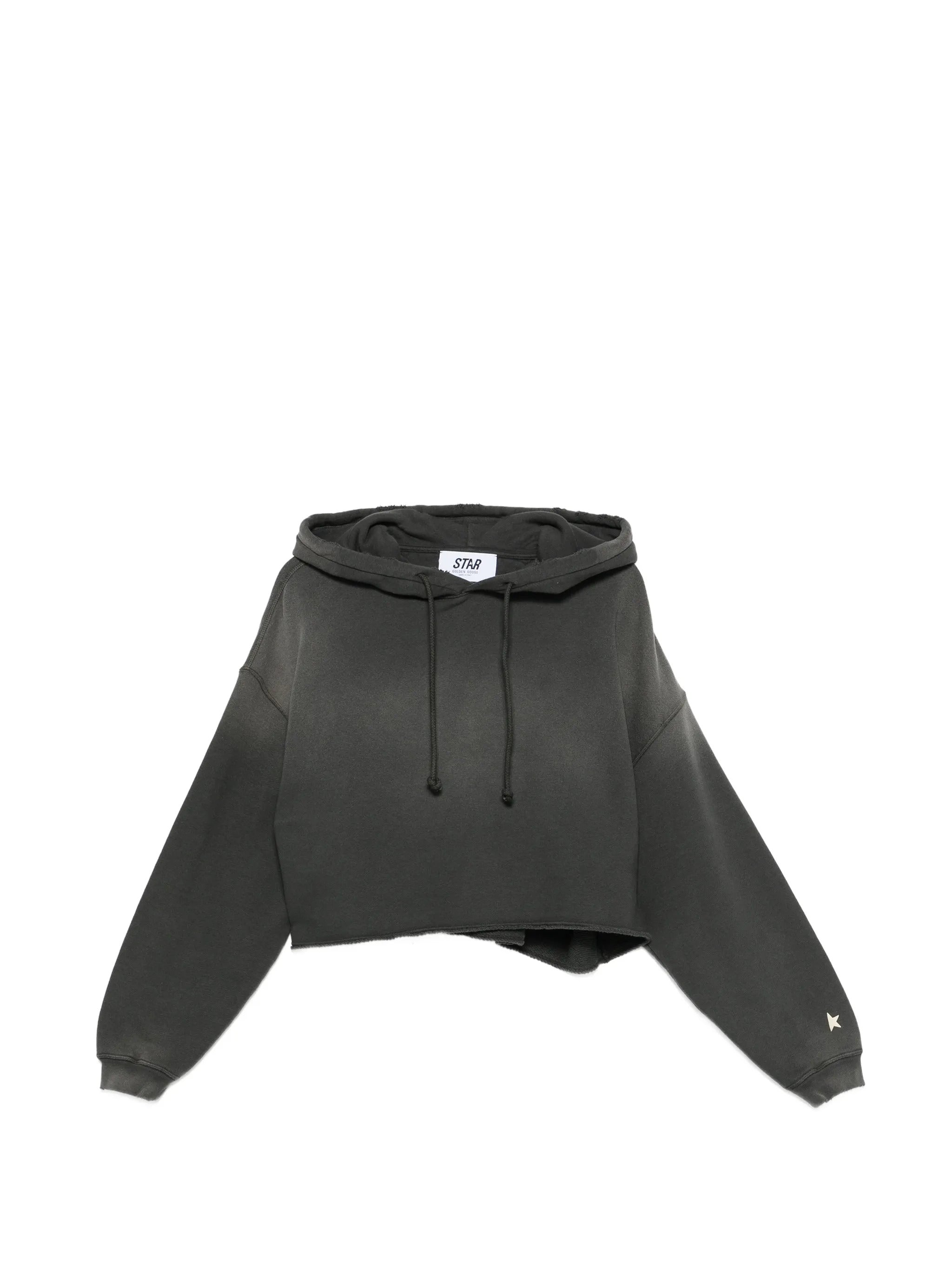 Oversized Cropped Hooded Cotton Sweatshirt with Raw-Edge Hem