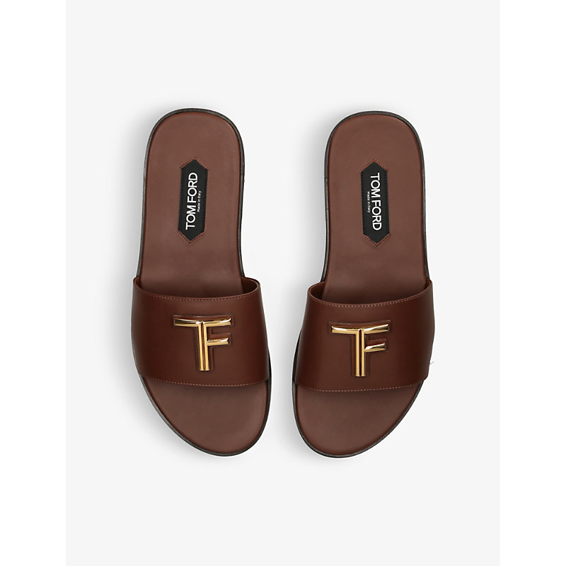 Mens Tan Brighton Logo-embellished Leather Sliders