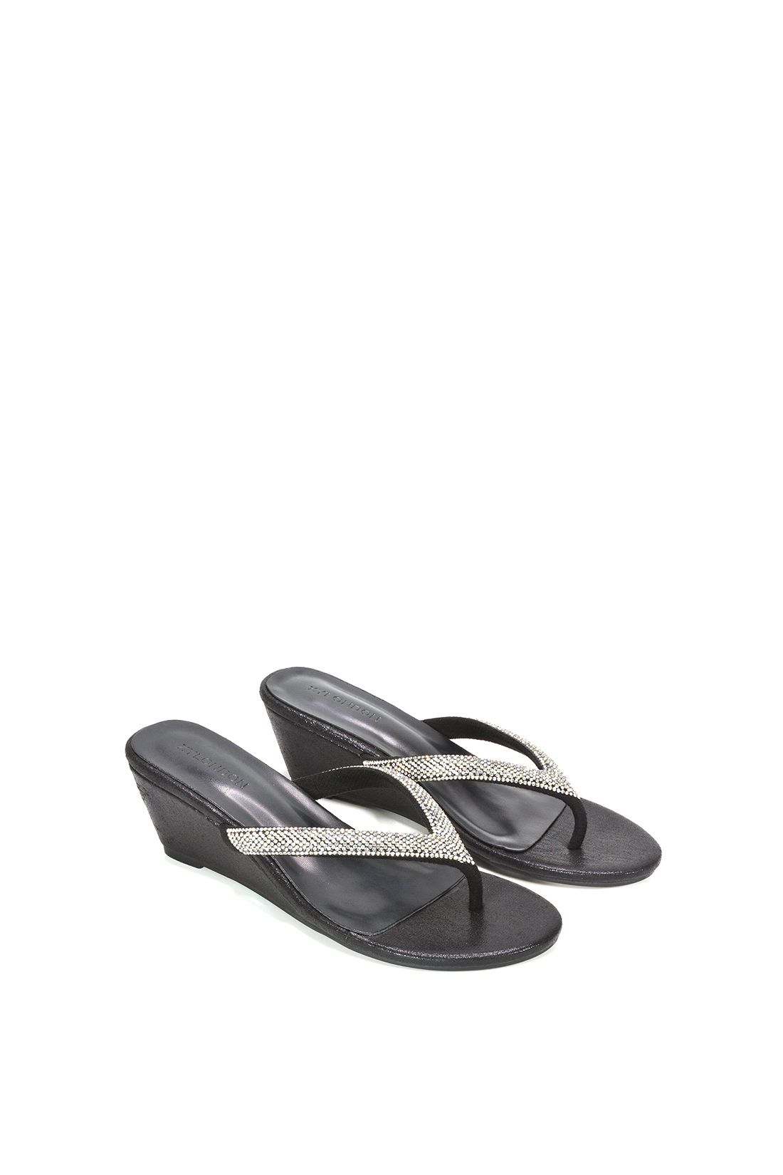 XY London Women's 'Nina' Wedge Heel Sandal Mules w/ Diamante Thong Strap in Black