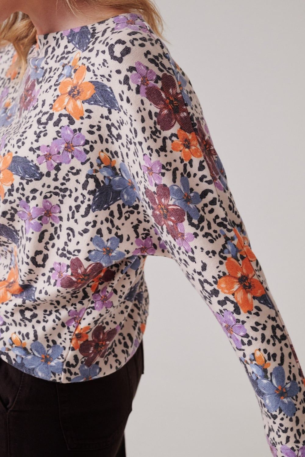 Klass. Floral Print Batwing Jumper In Beige