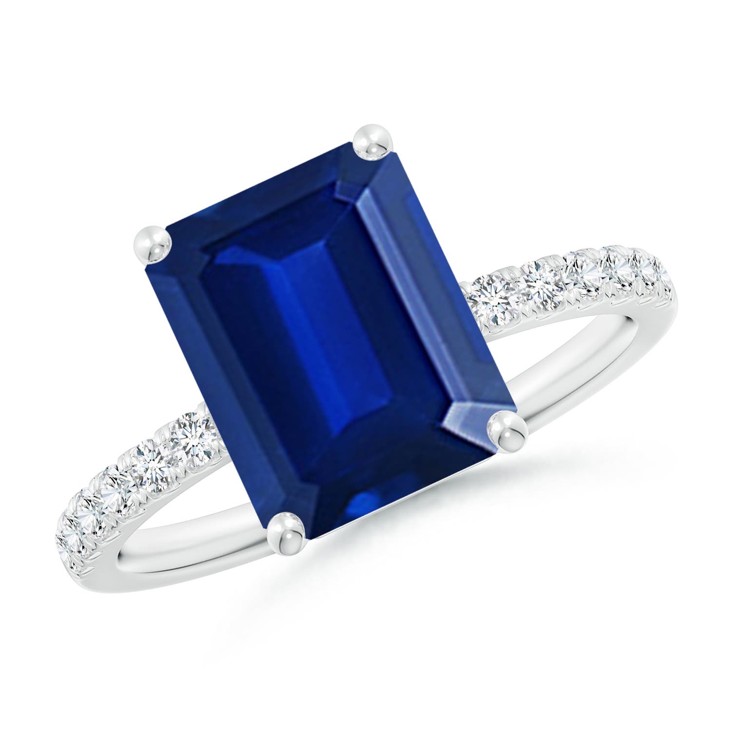 Angara 3.4 Carats Lab-Grown Emerald-Cut Blue Sapphire Engagement Ring with Lab Diamonds in 18K White Gold