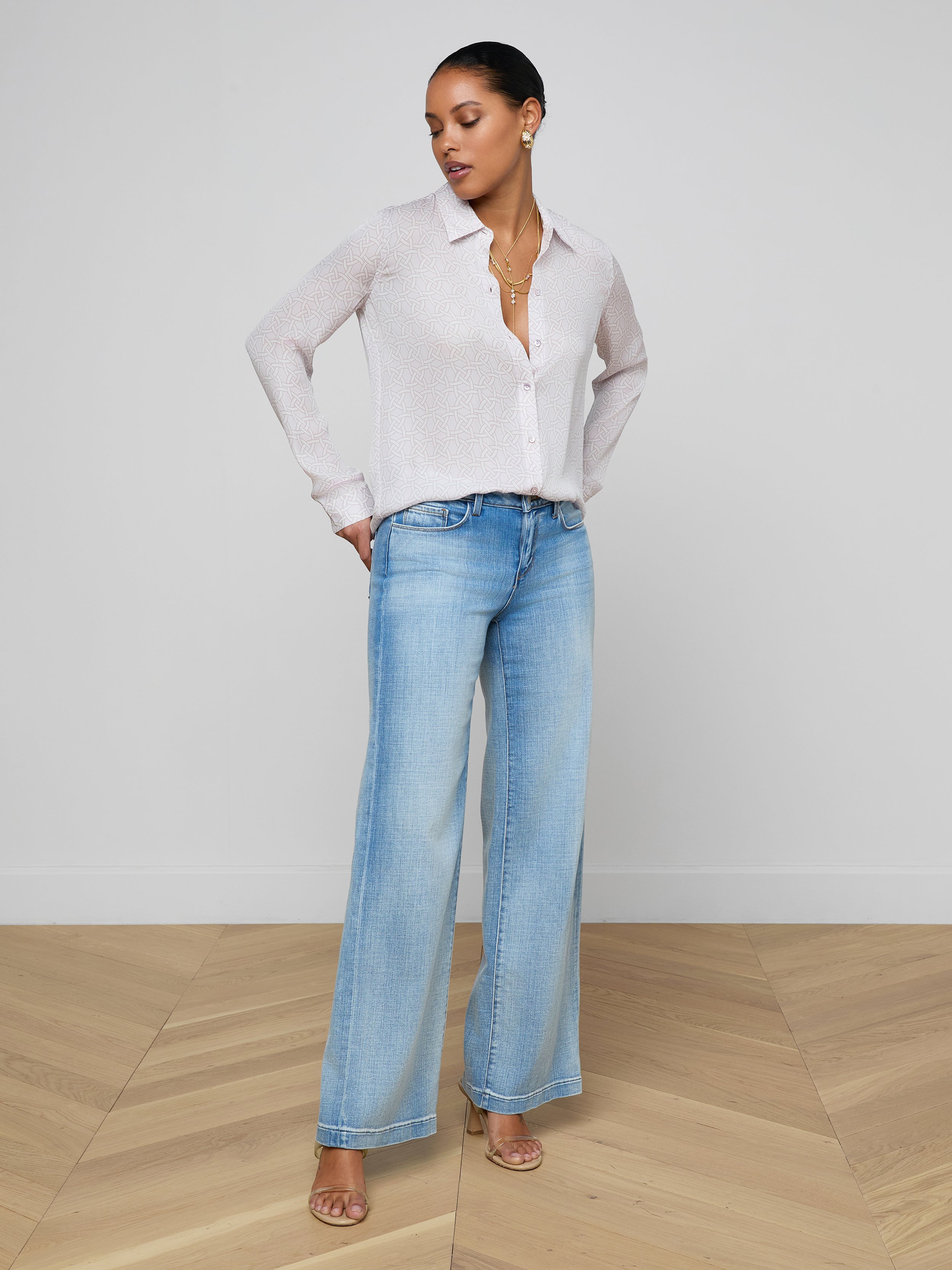 Nina Silk Blouse Top In Icy Lilac Linked Geo