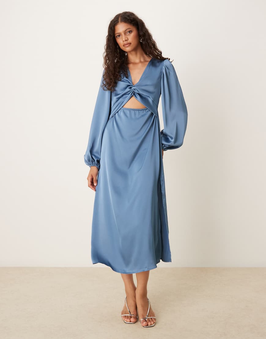 Long sleeve twist front satin midi dress in mid blue