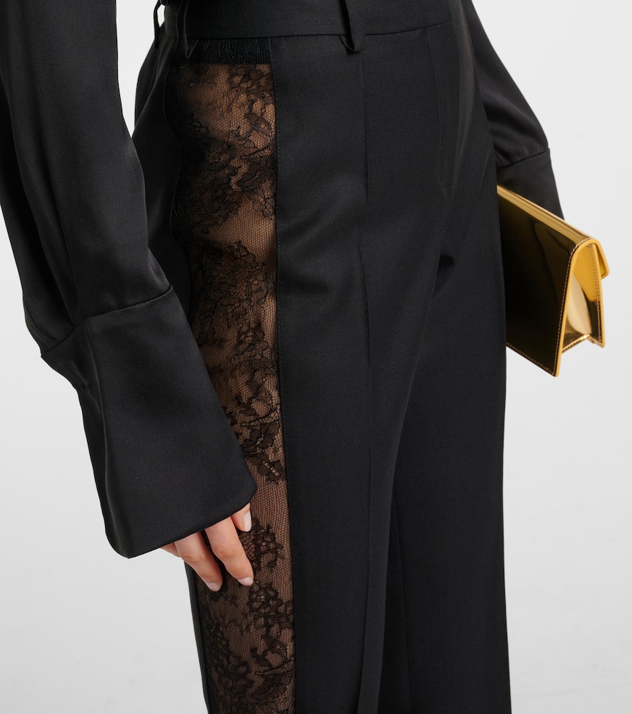 Lace-trimmed wool straight pants