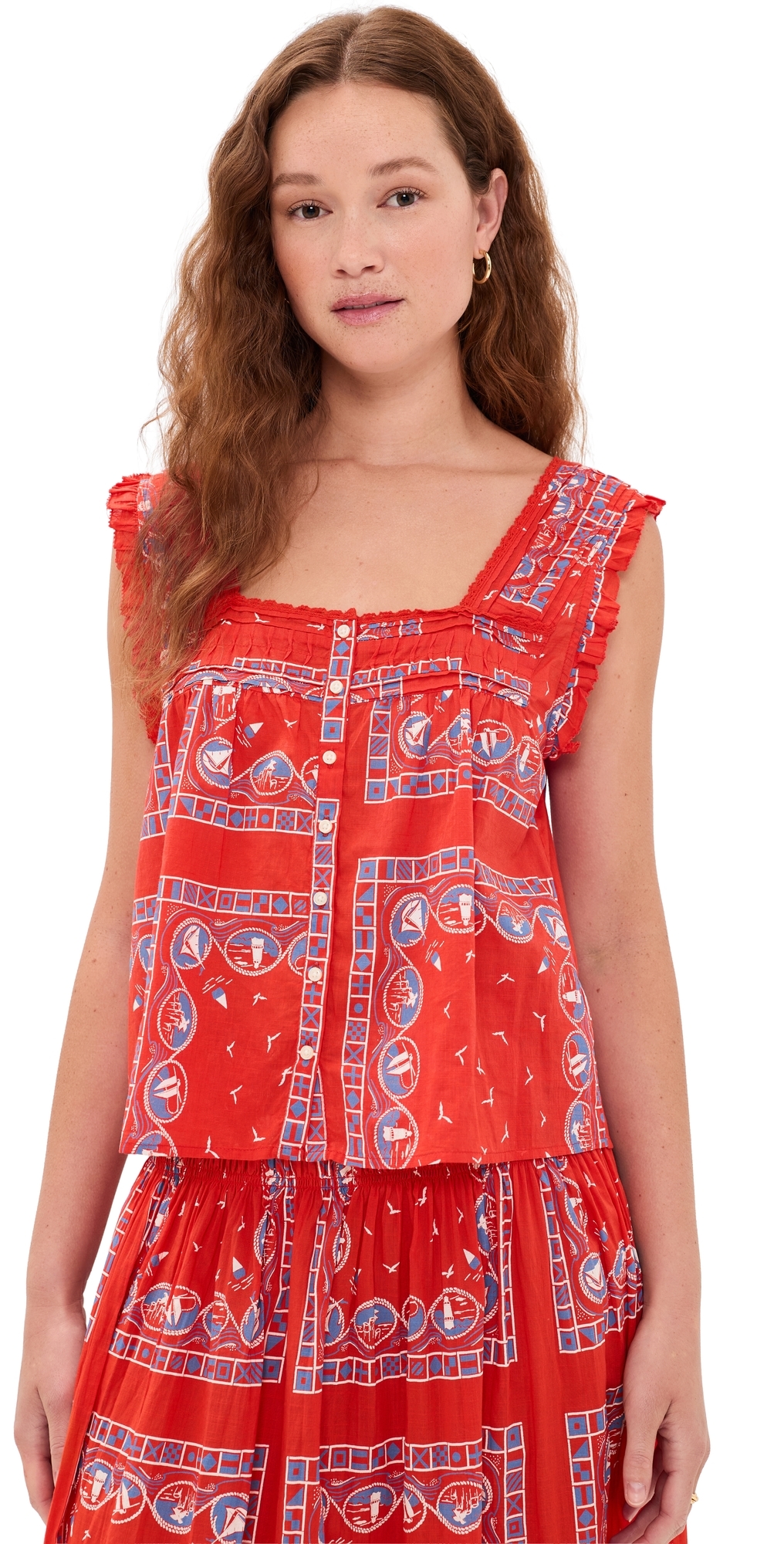 The Victorian Pleat Tank Top Red Sailboat Bandana