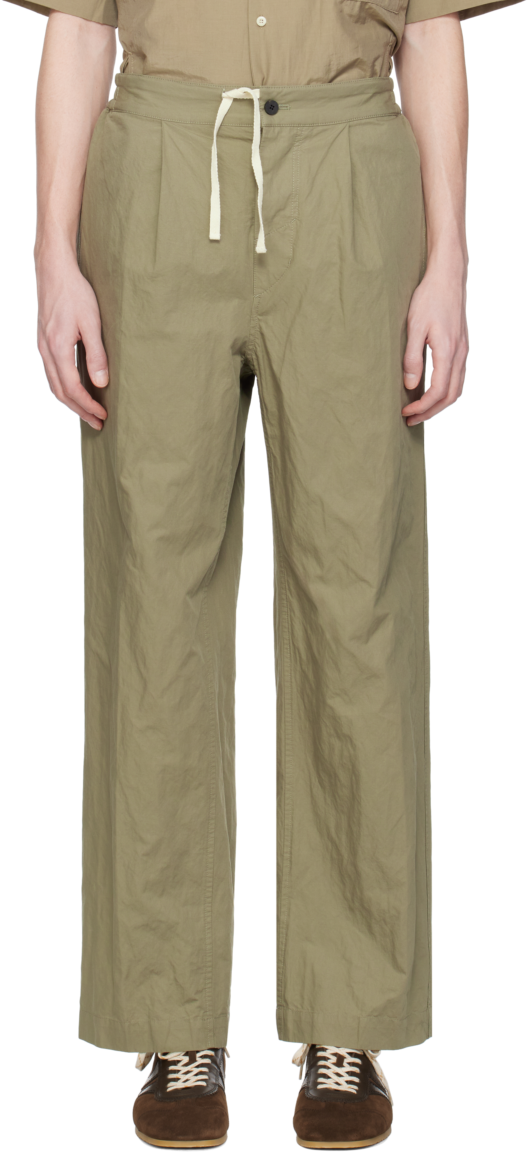 DOCUMENT Khaki Cotton Metal Tucked Trousers
