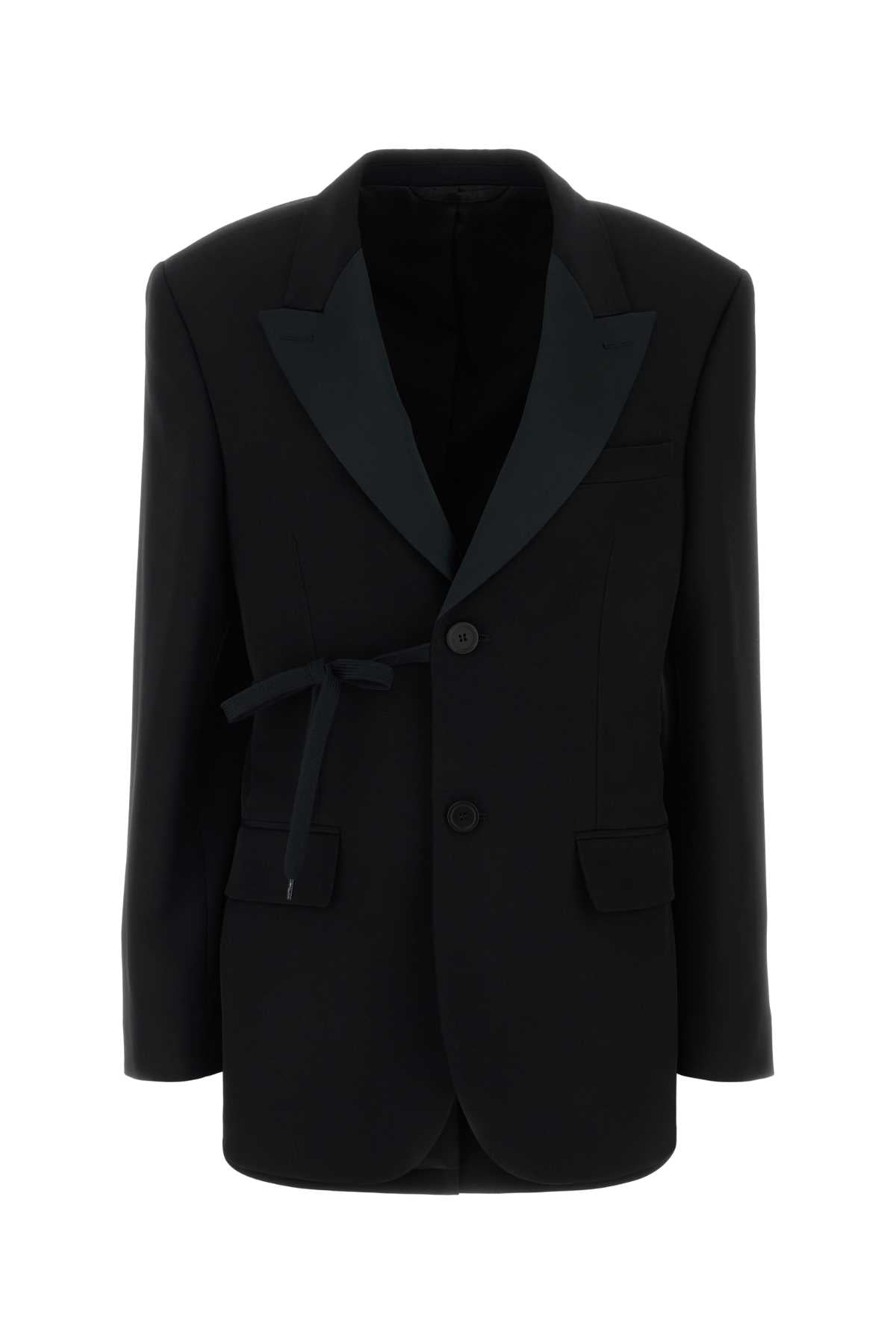 Satin Lapel Wool Blazer — Black