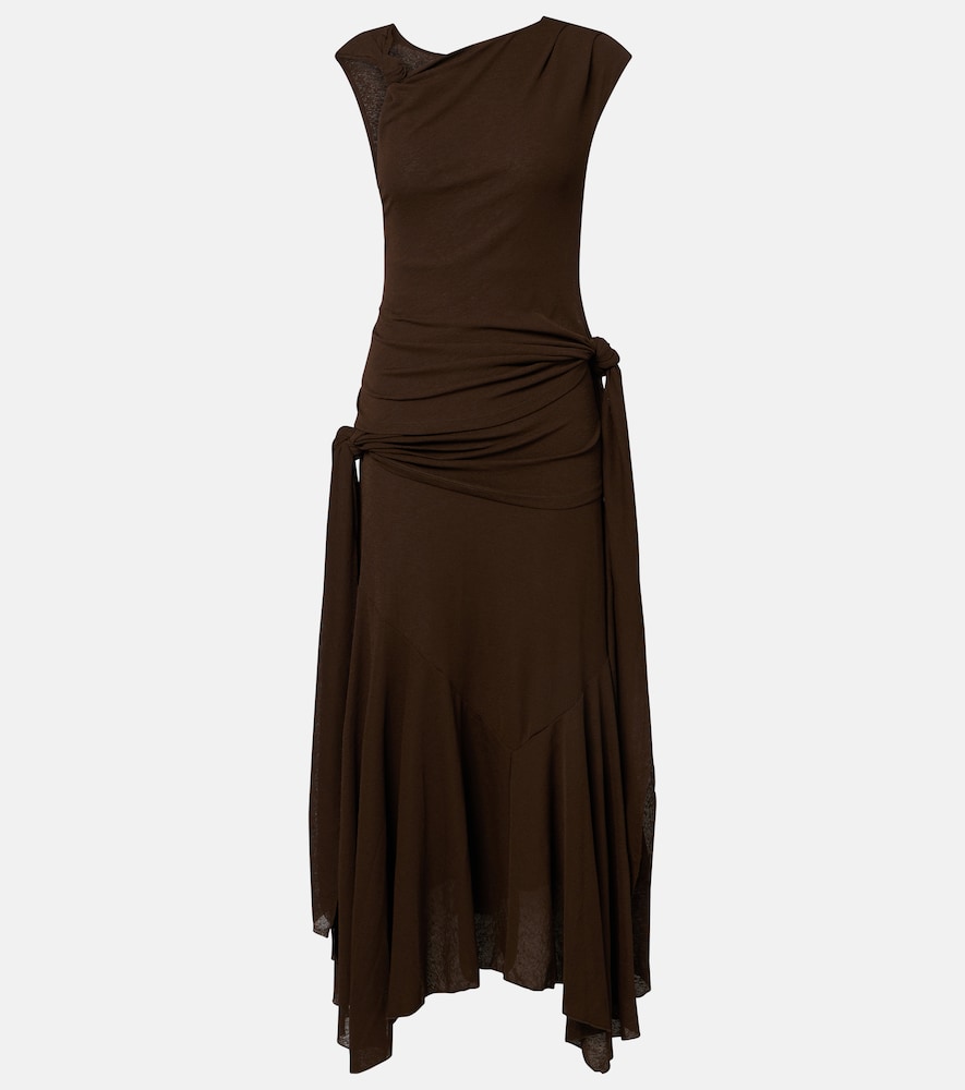 Asymmetric draped mesh midi dress