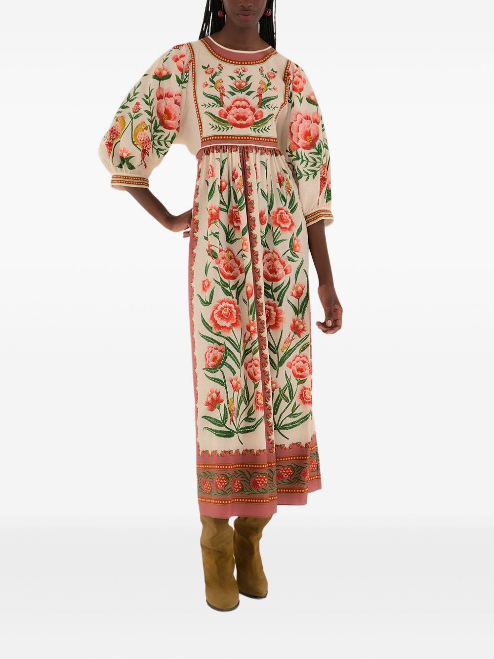 Floral-embroidered puff-sleeve midi dress - Neutrals